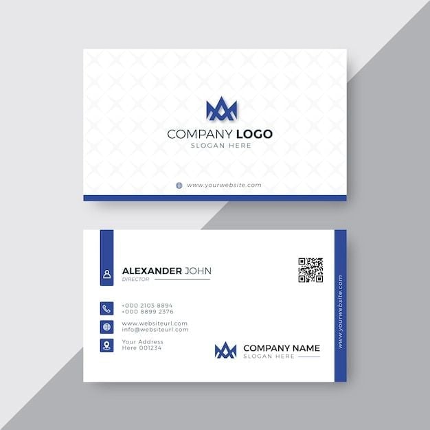 Professional business card design with company logo, contact information, and QR code on white and blue background